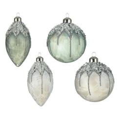 bauble dia8cm-olive dia6xH12cm - 2col ass winter white-moss green